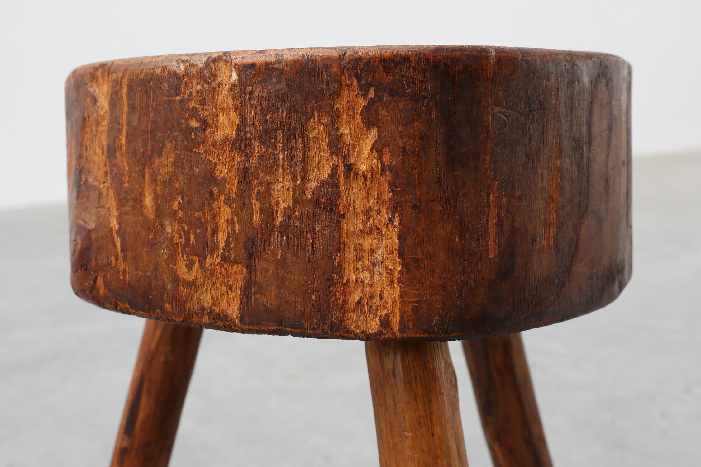Rustic Oak Tripod Stool with Chunky Round Wooden Seat, France, circa 1920thumbnail